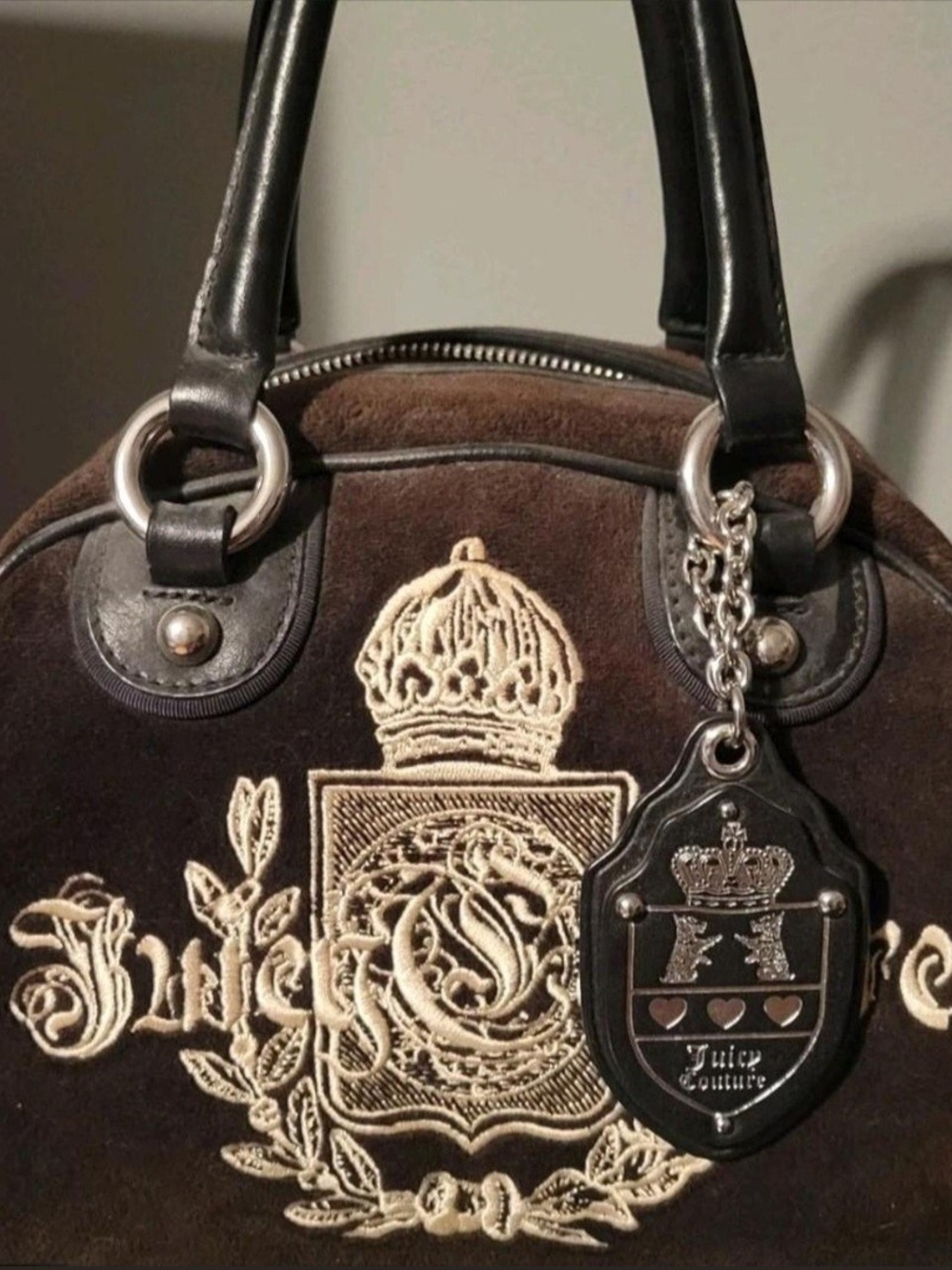 Juicy Couture Brown/black Velour VTG Embroidered Bowler Bag Y2K